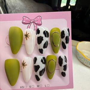 Green and Cow Print Press-On Nails